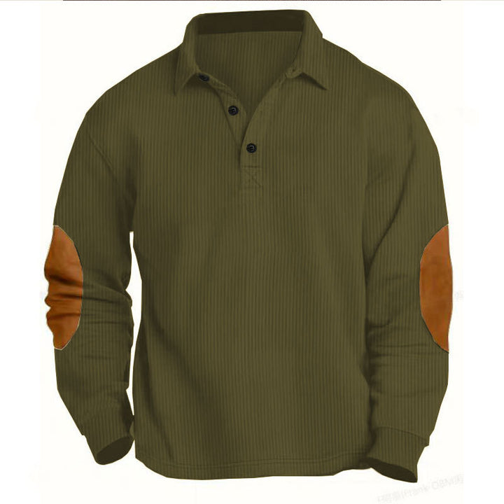 Men's nan legeres long sleeve polo shirt with shirt collar, short button placket, fine texture and velour elbow patches Mune Fashion