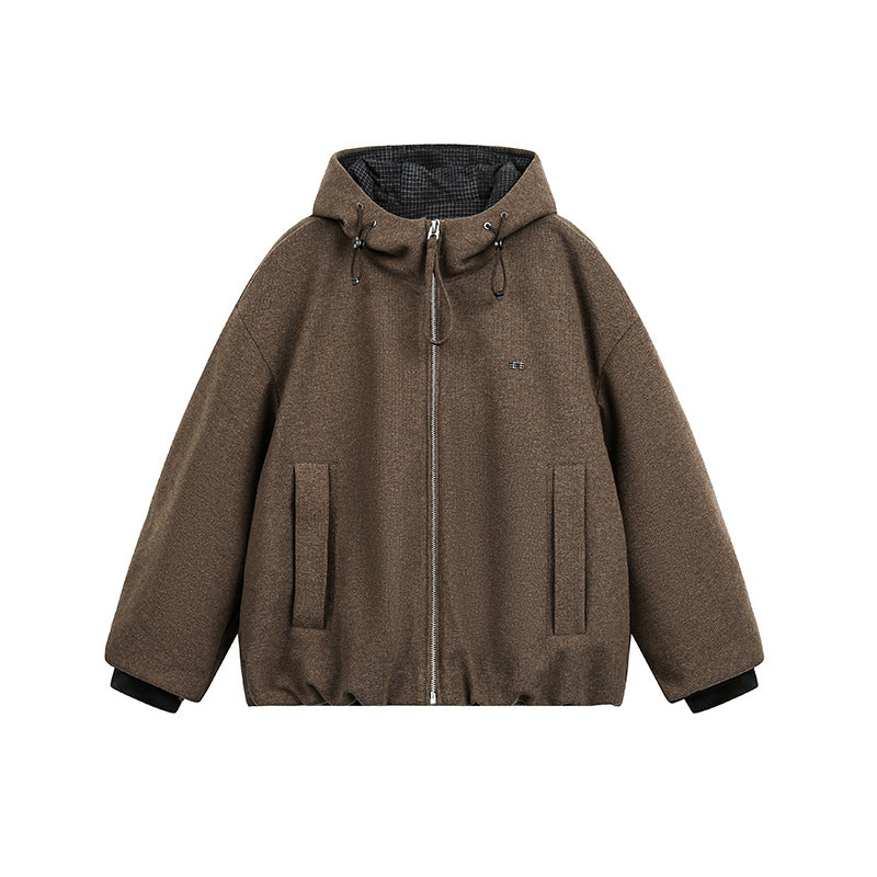 Men's Loose-Fitting Padded Wool Blend Hooded Jacket with Zip and Drawstring Mune Fashion