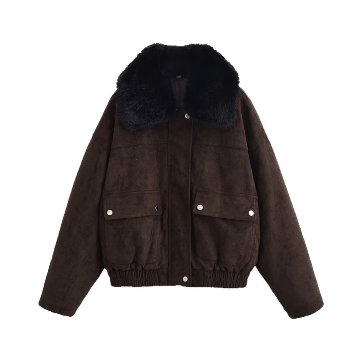 Women's Oversized Aviator Jacket made of Suede Leather Imitation with Large Faux Fur Collar Mune Fashion