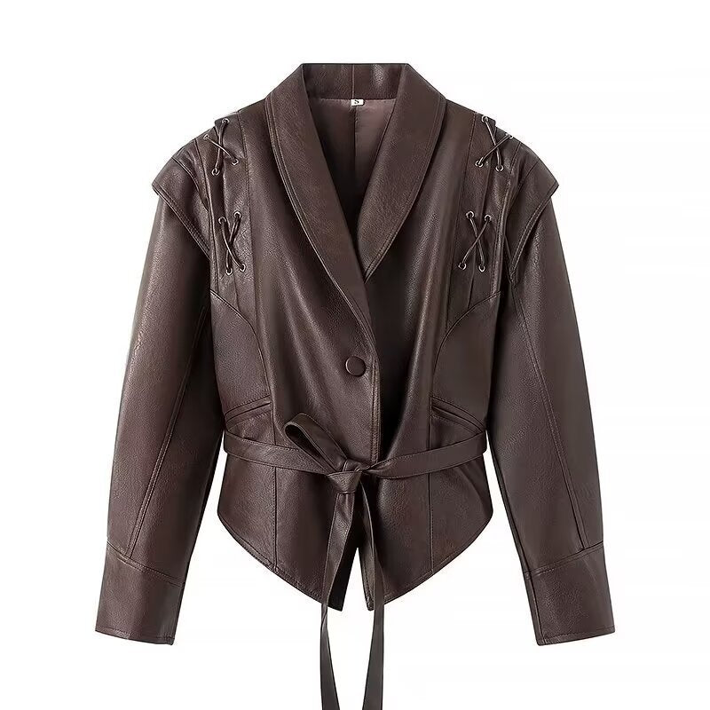 Women Short Blazer Leather Jacket with Shawl Collar, Waist Belt and Lacing Detail Mune Fashion