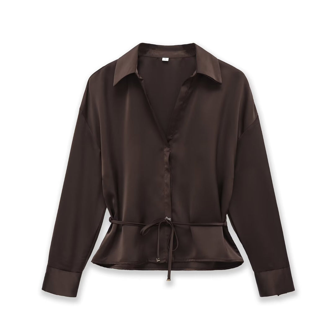 Women's Silk Blouse Shirt with Tie Belt and Peplum Mune Fashion