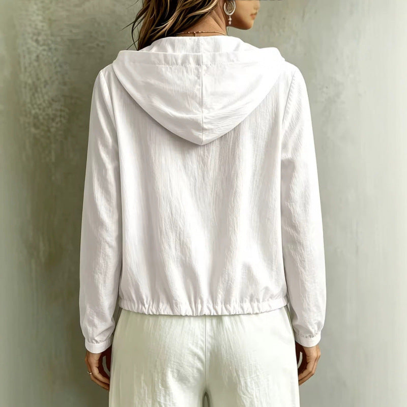 Women's Light Hooded Blouse made of Cotton Crinkle with Button Placket and Drawstring Hem Mune Fashion
