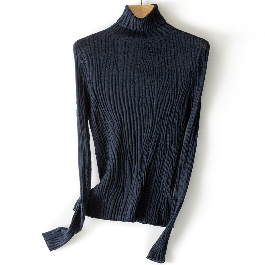 Women's Slim Fine Knit Turtleneck Sweater with Wavy Rib Structure Mune Fashion