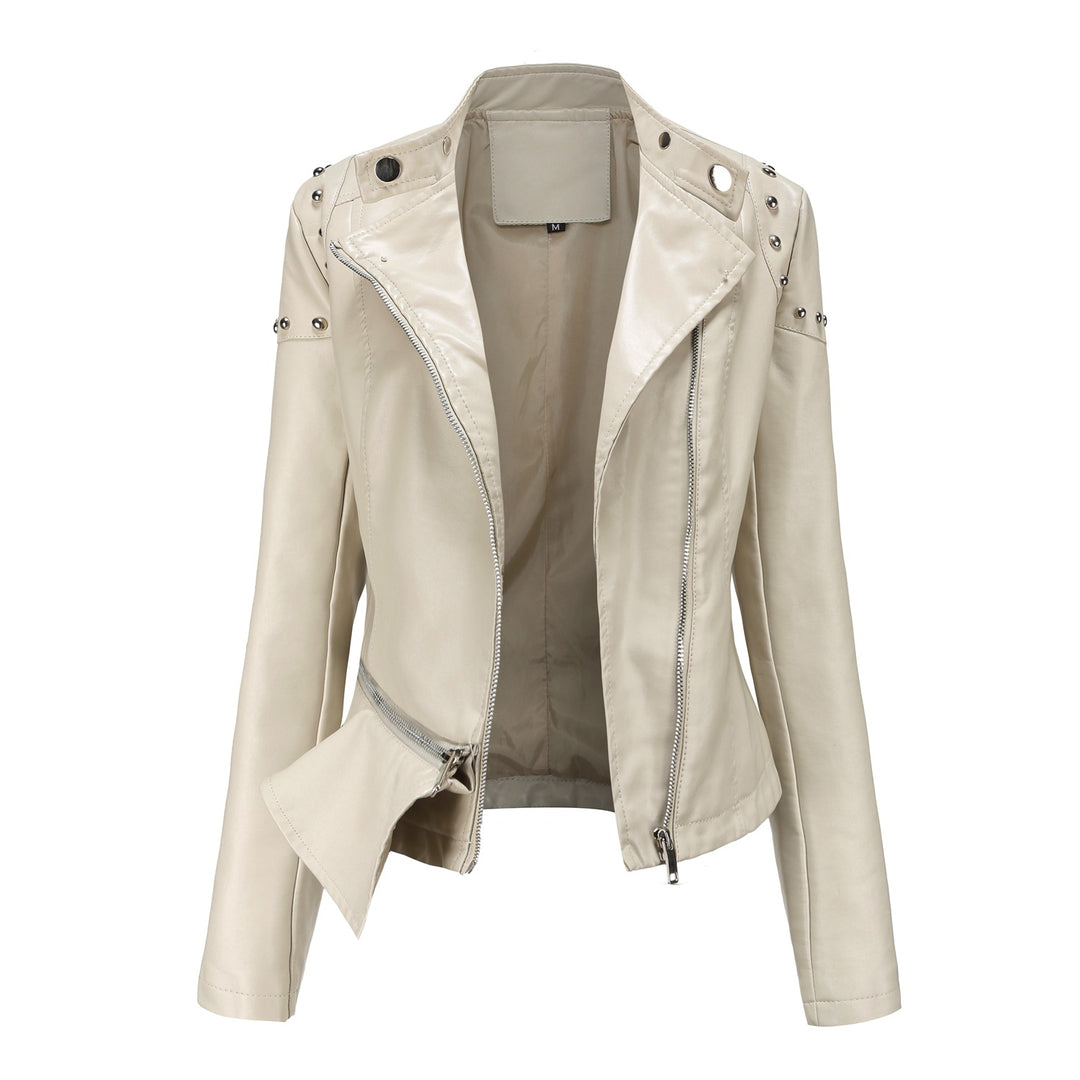 Women's nan asymmetric faux leather biker jacket with stud application and tailored peplum Mune Fashion