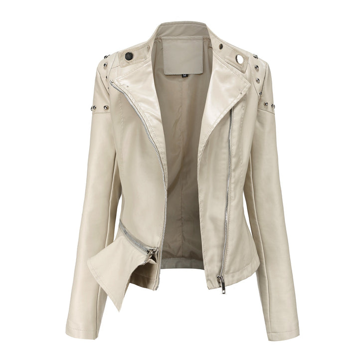 Women's nan asymmetric faux leather biker jacket with stud application and tailored peplum Mune Fashion