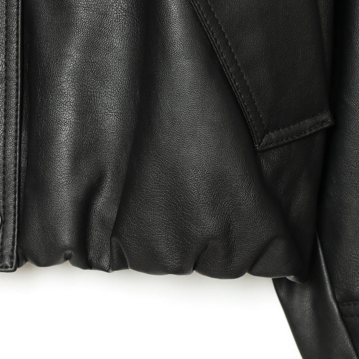 Women's Cropped Faux Leather Field Jacket with High Stand Collar, Shoulder Straps and Elastic Hem