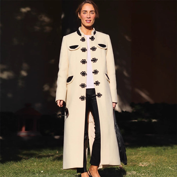 Women's maxi length tailored wool blend coat with stand-up collar and decorative frog closures Mune Fashion