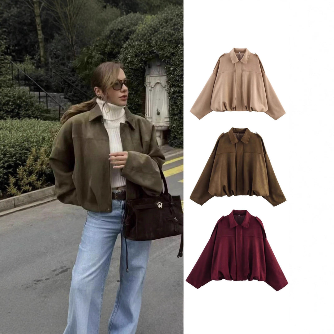 Women's Cropped Boxy Suede-Look Bomber Jacket with Epaulet Shoulders Mune Fashion