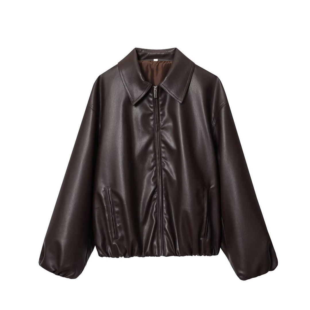 Ladies Boxy Leather Look Bomber Jacket with Concealed Zipper and Elastic Hem Mune Fashion