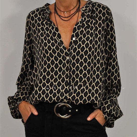 Women Loose Fit Viscose Blend Blouse with V-Neck, Button Placket and Balloon Sleeves Mune Fashion