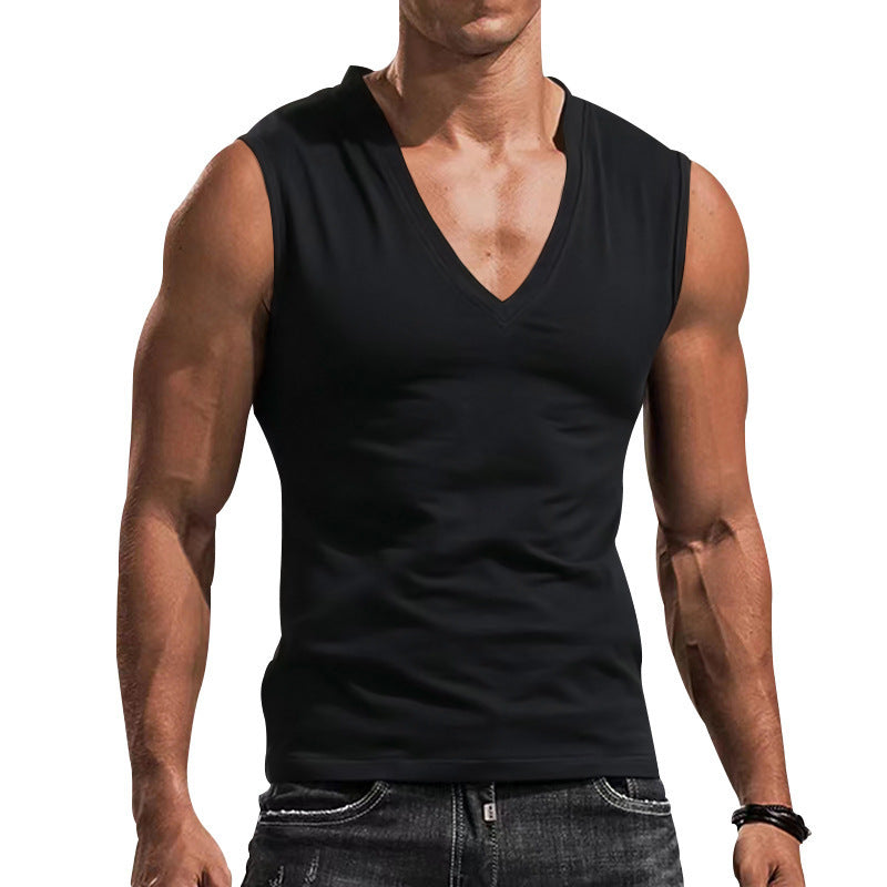 Men's sleeveless muscle shirt with deep V-neck made of stretchy jersey and close-fitting design Mune Fashion