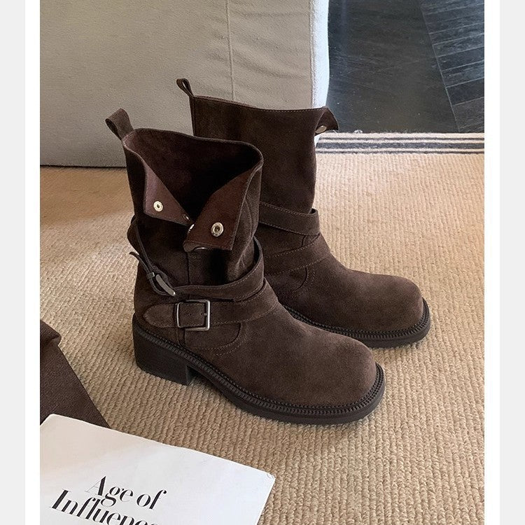 Women's suede biker boots with buckles and medium block heel Mune Fashion