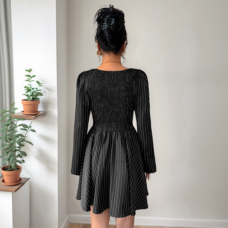 Women Playful Striped Mini Dress with Fitted Top and Long Sleeves Mune Fashion
