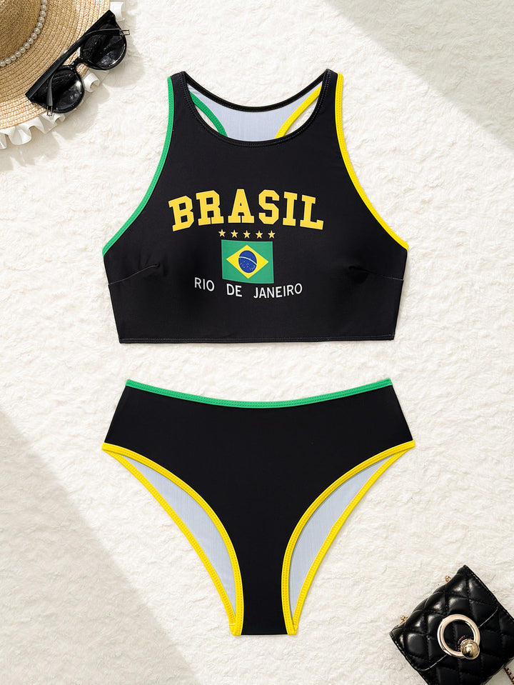 Women's two-piece sporty bikini set with high bustier, crisscross straps, and high-cut bottom Mune Fashion