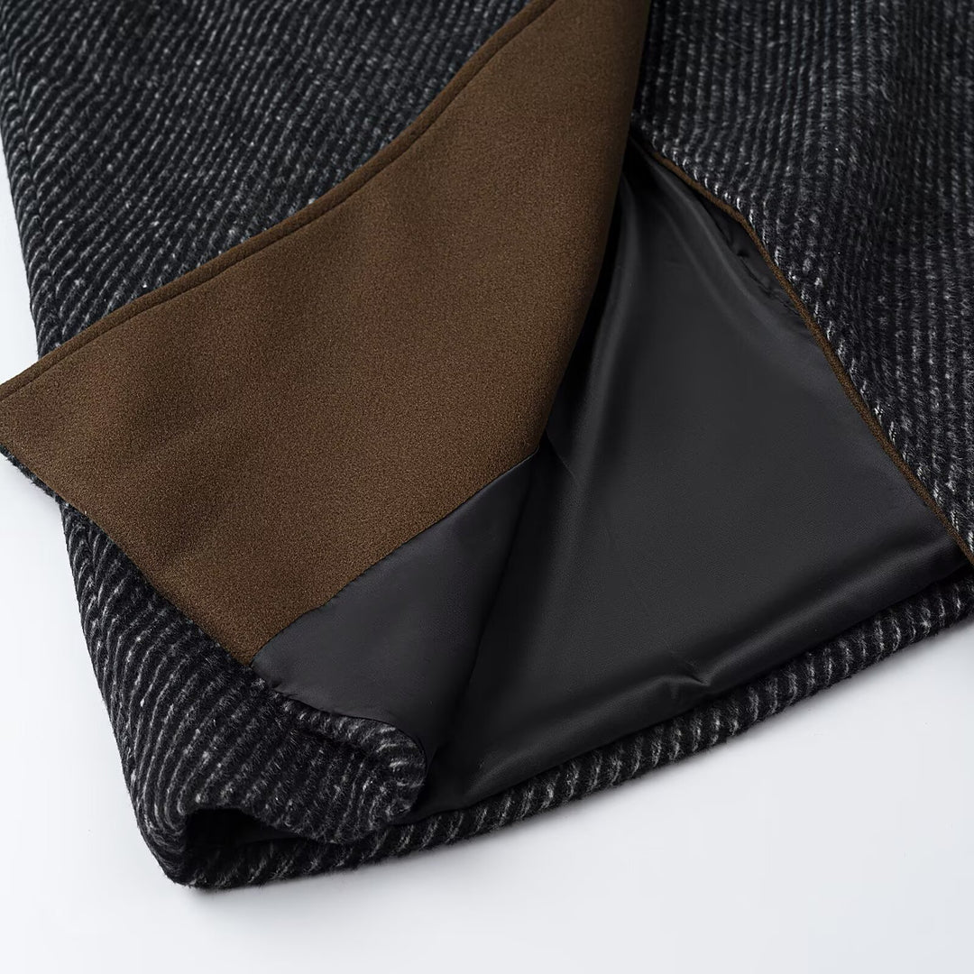 Women Long Wool Herringbone Coat with Tie Belt and Large Notched Collar Mune Fashion