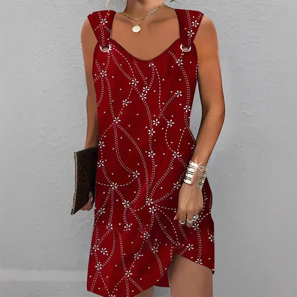 Women's sleeveless strap mini dress with decorative eyelets, floral dot pattern, and asymmetric hem Mune Fashion
