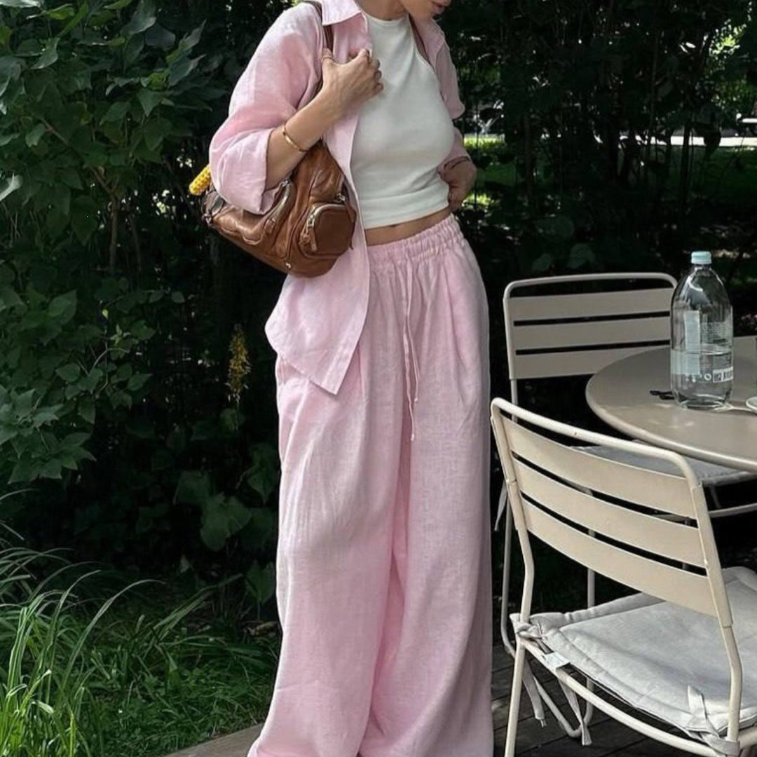 Women's airy linen lounge set with oversized shirt and wide waistband pants with elastic Mune Fashion