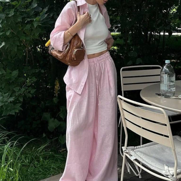 Women's airy linen lounge set with oversized shirt and wide waistband pants with elastic Mune Fashion