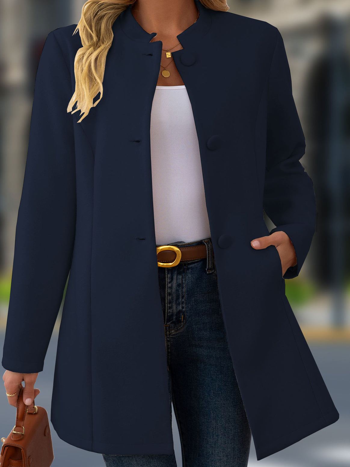 Women's Tailored Stand Collar Coat with Fabric Covered Buttons Mune Fashion