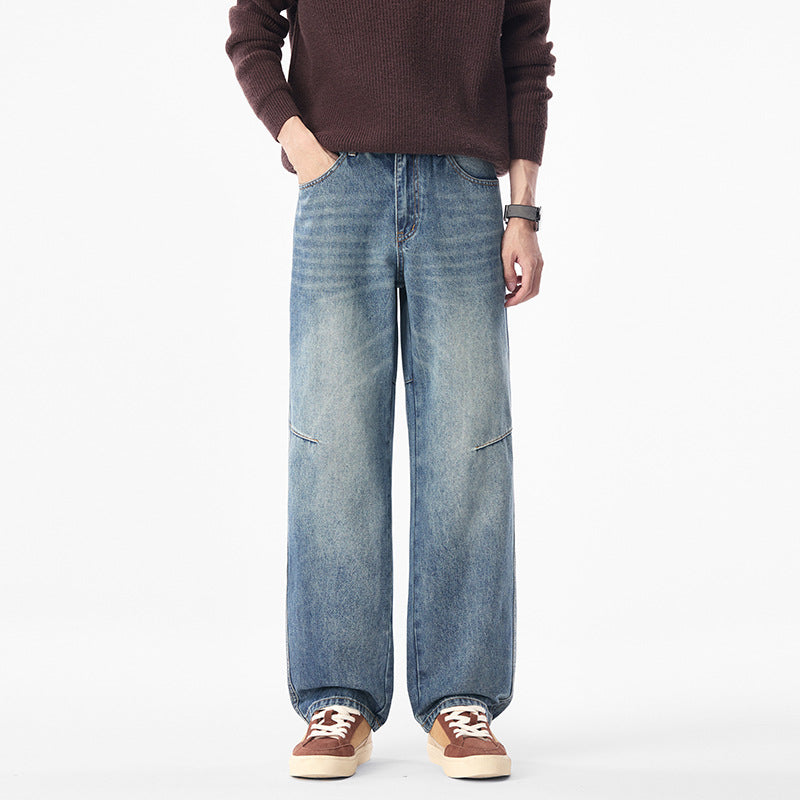 Men's Loose Denim Pants with Comfortable Waist Height and Distinctive Knee Seam Mune Fashion