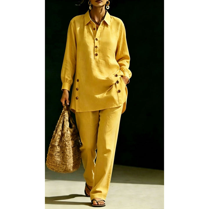 Women's Lightweight Oversized Shirt Tunic with Decorative Buttons and Straight Leg Trousers Mune Fashion