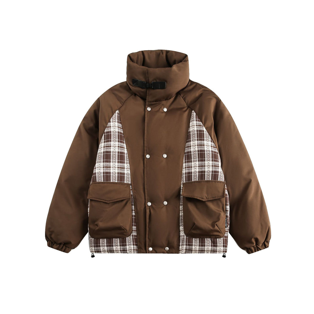 Unisex Oversize Stand Collar Puffer Jacket with Checked Insert Panel and Utility Pockets Mune Fashion