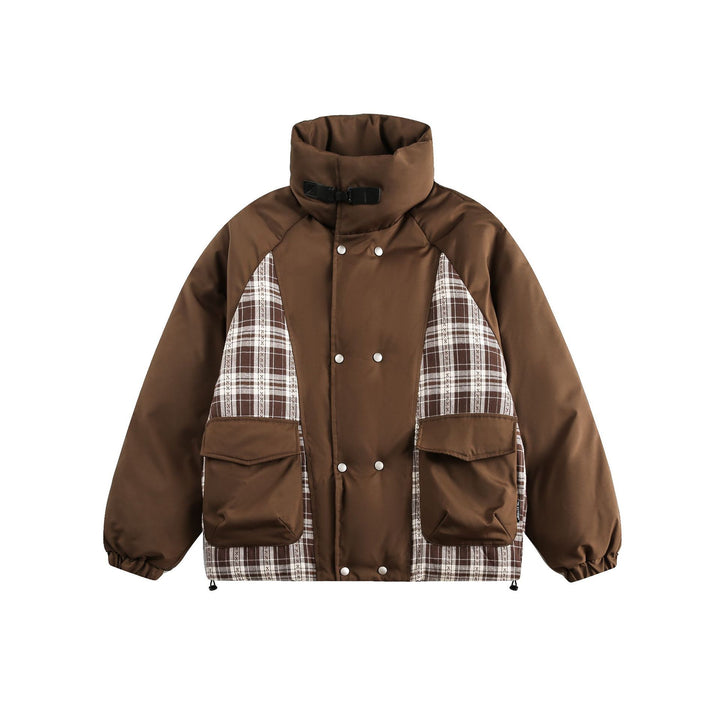 Unisex Oversize Stand Collar Puffer Jacket with Checked Insert Panel and Utility Pockets Mune Fashion