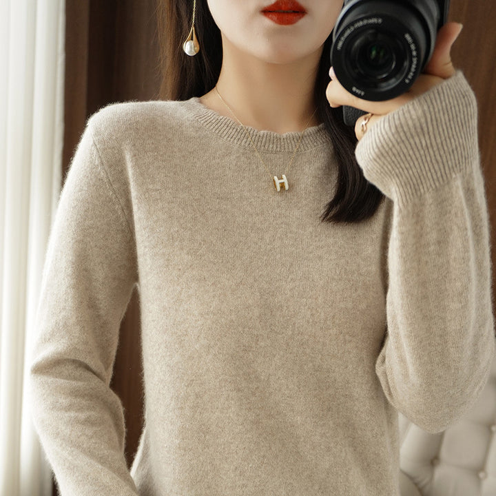 Women Soft Cashmere Blend Rounded Neck Sweater with Fine Ribbed Cuff