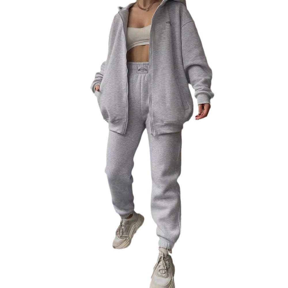 Women's Oversized Hooded Sweat Jacket with Zipper and High-Waist Jogging Pants Set Mune Fashion