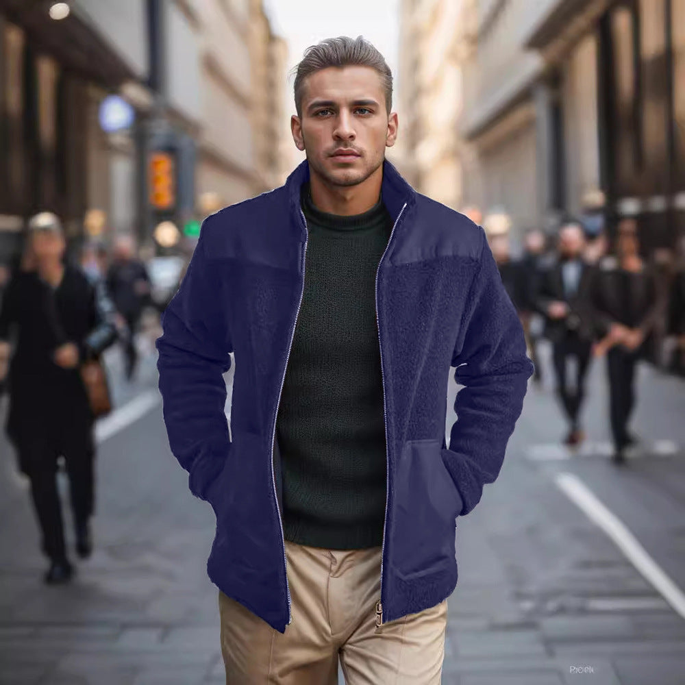 Men's fleece bomber jacket with standing collar, contrasting yoke and zipper Mune Fashion