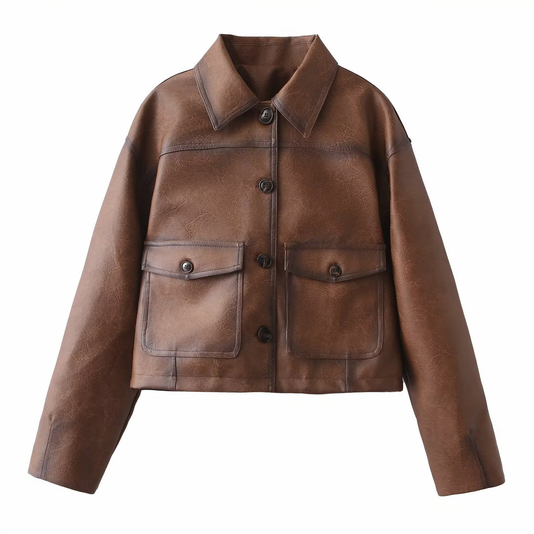 Women's Short Oversized Faux Leather Jacket with Shirt Collar and Flap Pockets Mune Fashion
