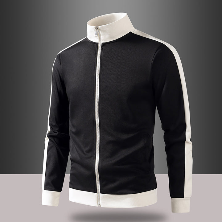 Men's retro track jacket with stand-up collar, contrast stripes, and visible zipper Mune Fashion