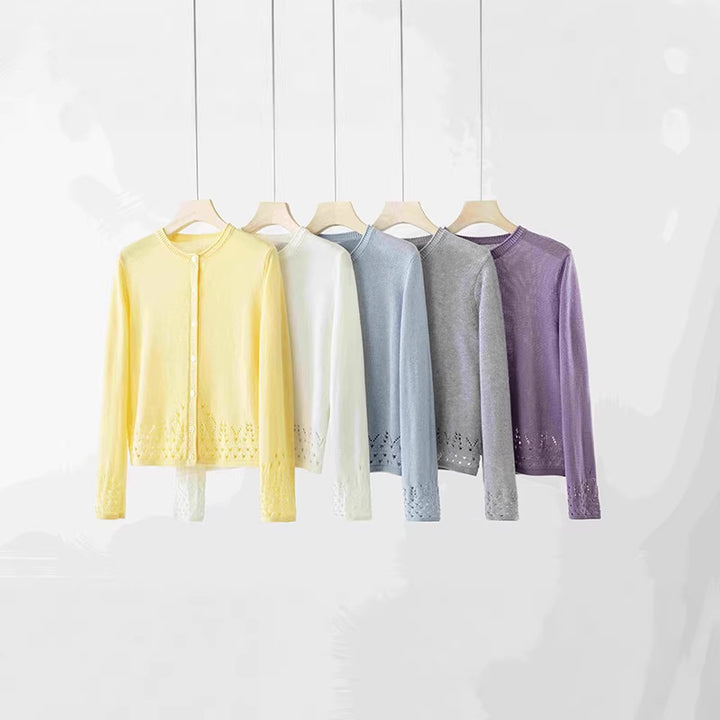 Women Fine Fine Knit Cardigan with Lace Pattern at the Hem and Round Neckline Mune Fashion