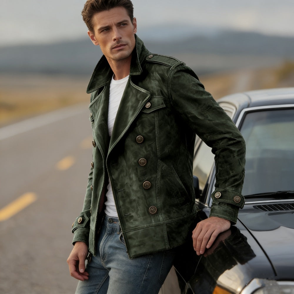 Men's Double-Breasted Leather Jacket in Vintage Look with Shawl Collar and Epaulettes Mune Fashion