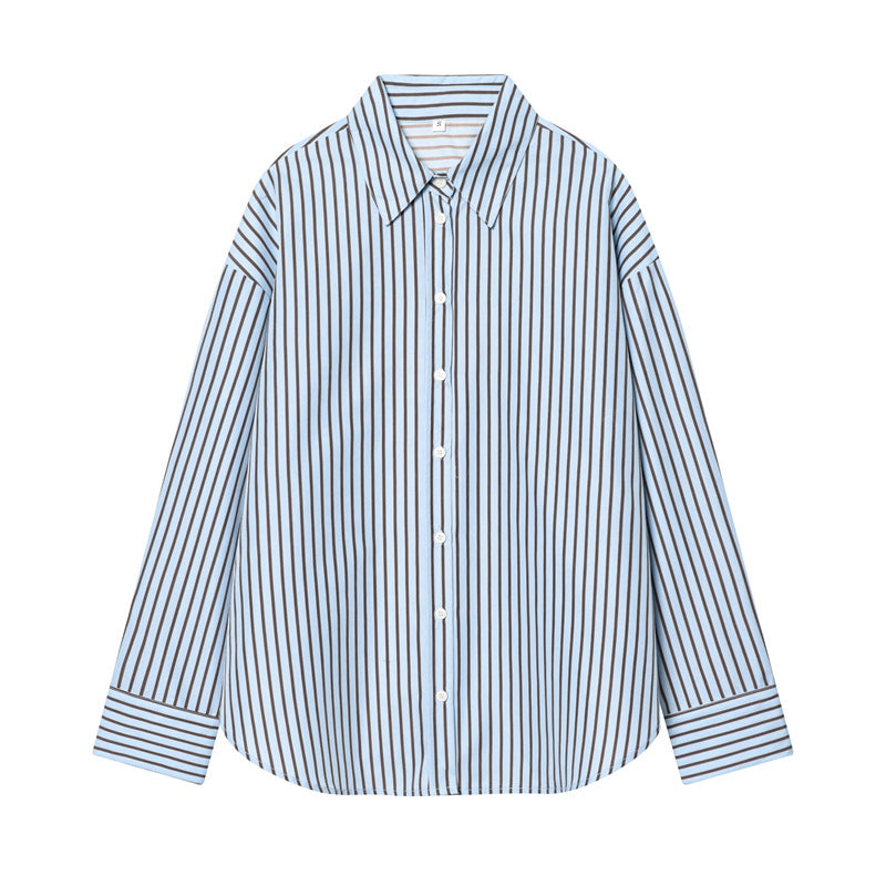 Women Oversized Shirt with Vertical Striped Pattern and Kent Collar Mune Fashion