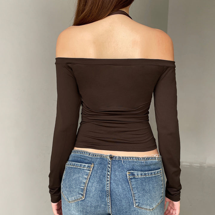 Women Short Cut Off-Shoulder Long Sleeve with Halter Neck, Bust Gathering and Binding Mune Fashion and Mune Fashion