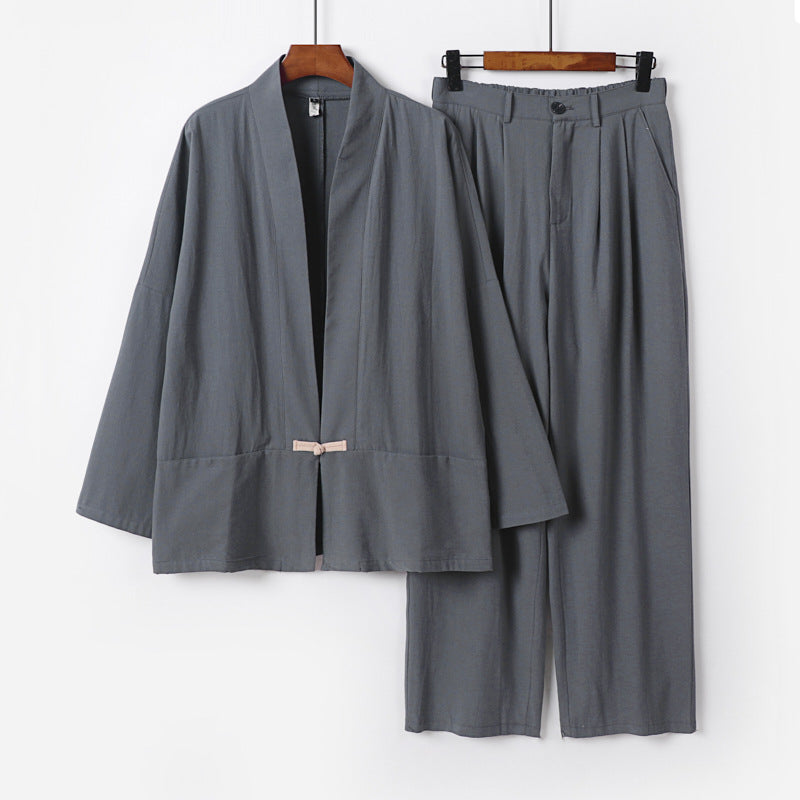 Women's Kimono Lounge Set made of lightweight viscose-linen with decorative toggle closure and wide waistband pants Mune Fashion