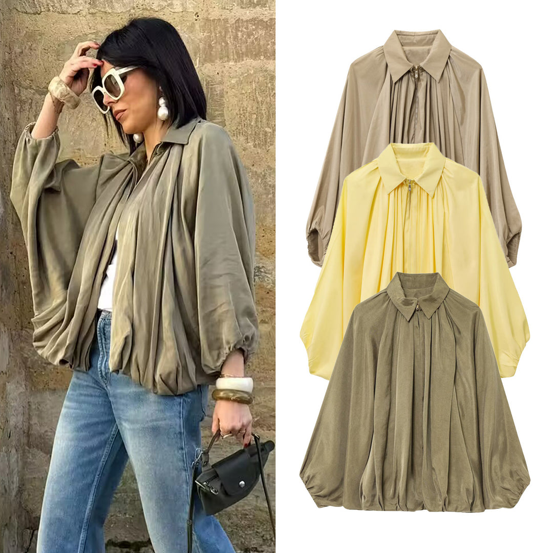 Women's wide pleated shirt blouse jacket with shirt collar, zipper and balloon-shaped hem Mune Fashion