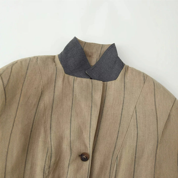 Women tailored linen blazer with stand-up collar and inset design elements Mune Fashion