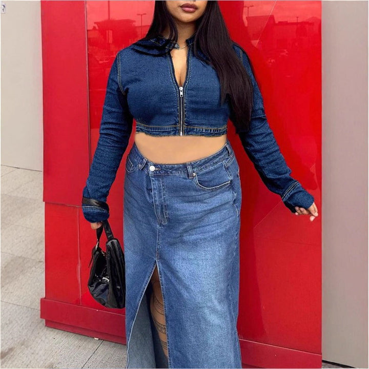 Women's Cropped Denim Hoodie with Zipper and High-Waist Midi Skirt with Front Slit Mune Fashion