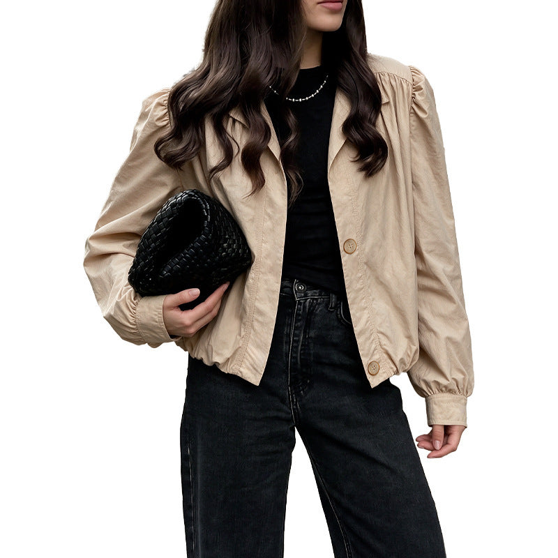 Women Light Short Jacket with Balloon Sleeves, Puff Shoulders & Elastic Hem Mune Fashion