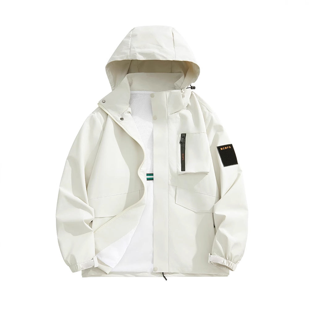 Men's multifunctional utility outdoor jacket with hood, concealed pocket flaps and wind-resistant coating Mune Fashion