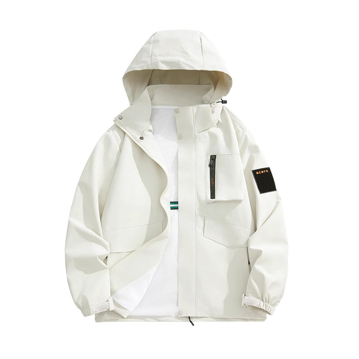 Men's multifunctional utility outdoor jacket with hood, concealed pocket flaps and wind-resistant coating Mune Fashion