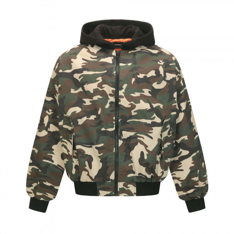 Unisex short-cut camouflage hoodie bomber jacket with padded lining and elastic cuffs Mune Fashion