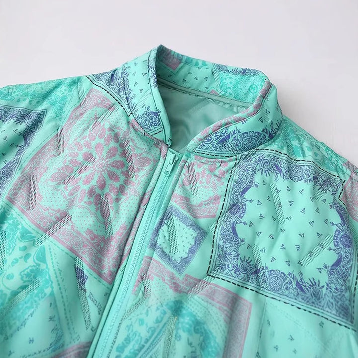 Women's padded bomber jacket with patchwork paisley, stand-up collar and elastic hem Mune Fashion