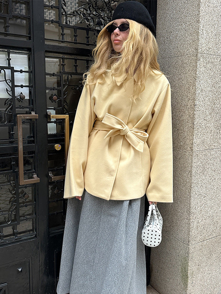 Women Wool Blend Short Jacket with Tying Belt, Boxy Silhouette and Subtle Lapel Mune Fashion