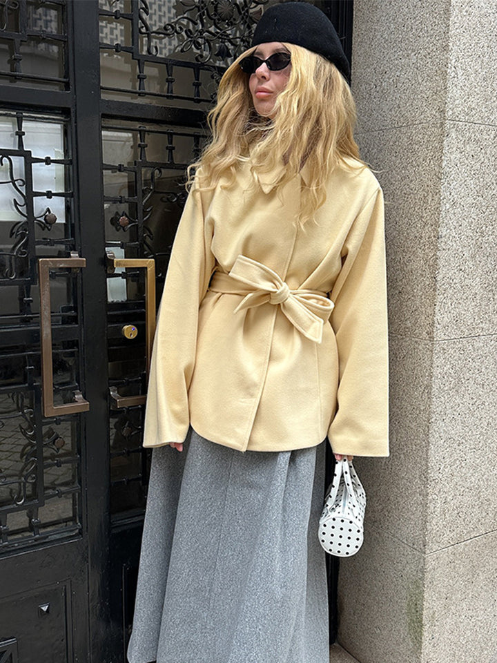 Women Wool Blend Short Jacket with Tying Belt, Boxy Silhouette and Subtle Lapel Mune Fashion