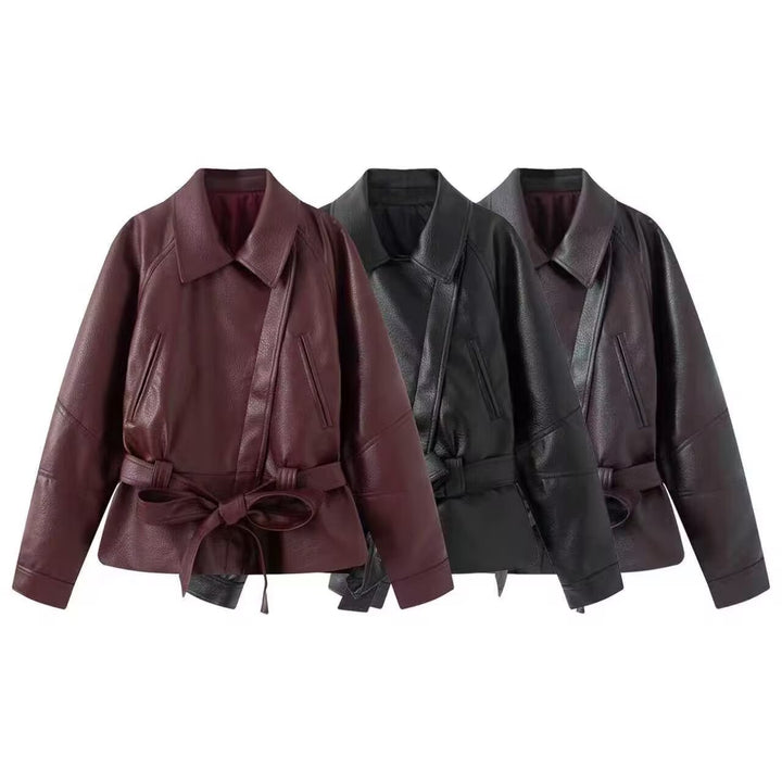 Women's tailored leather jacket with tie belt and dropped shoulder Mune Fashion