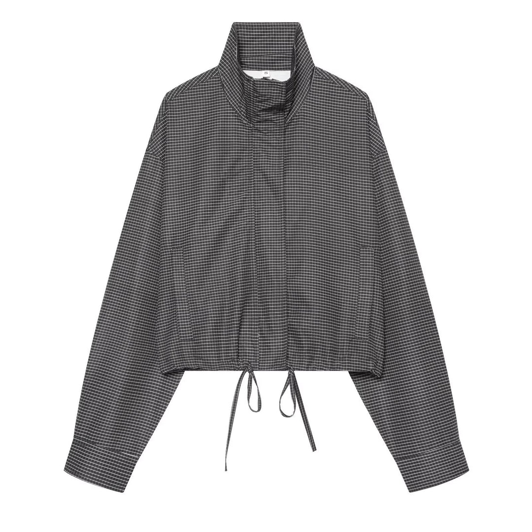 Women Short-Cut Oversized Windbreaker with Stand-Up Collar and Drawstring
