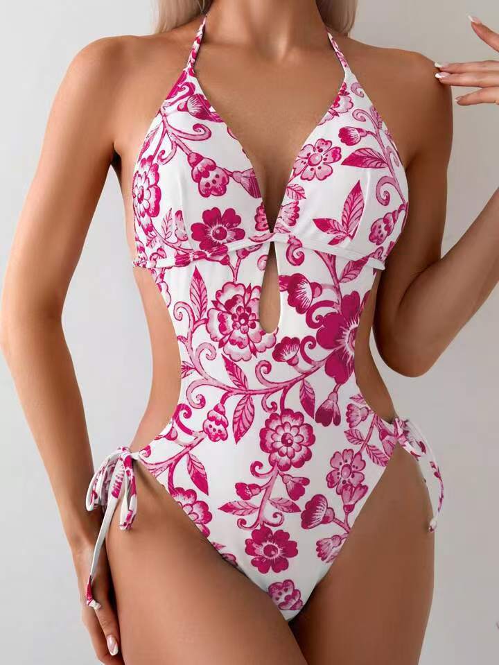 Women One-Piece Swimsuit with Floral Cut-Out Design and Sophisticated Lacing Mune Fashion